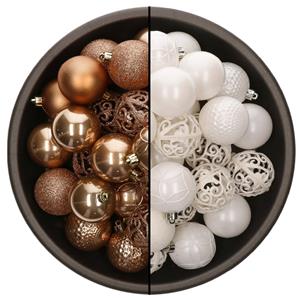 Bellatio 74x stuks kunststof kerstballen mix van camel bruin en wit 6 cm -