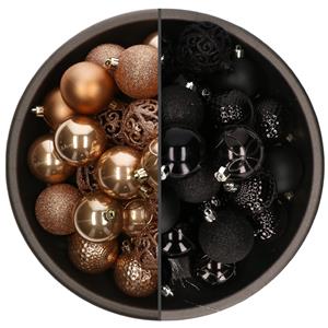 Bellatio 74x stuks kunststof kerstballen mix van camel bruin en zwart 6 cm -