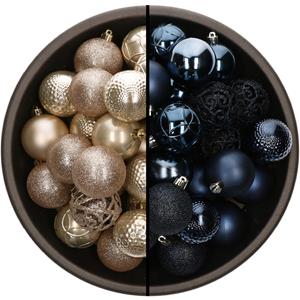 Bellatio 74x stuks kunststof kerstballen mix van champagne en donkerblauw 6 cm -