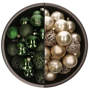 Bellatio 74x stuks kunststof kerstballen mix van champagne en donkergroen 6 cm -