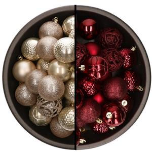 Bellatio 74x stuks kunststof kerstballen mix van champagne en donkerrood 6 cm -