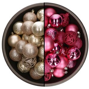 Bellatio 74x stuks kunststof kerstballen mix van champagne en fuchsia roze 6 cm -