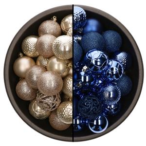 Bellatio 74x stuks kunststof kerstballen mix van champagne en kobalt blauw 6 cm -