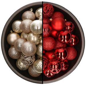 Bellatio 74x stuks kunststof kerstballen mix van champagne en rood 6 cm -