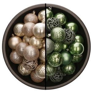 Bellatio 74x stuks kunststof kerstballen mix van champagne en salie groen 6 cm -