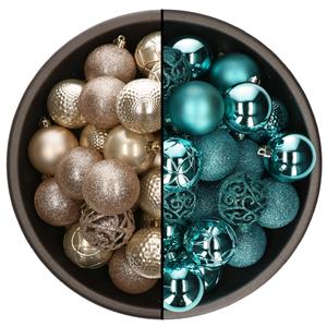 Bellatio 74x stuks kunststof kerstballen mix van champagne en turquoise blauw 6 cm -