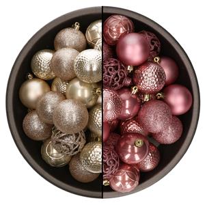 Bellatio 74x stuks kunststof kerstballen mix van champagne en velvet roze 6 cm -