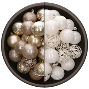 Bellatio 74x stuks kunststof kerstballen mix van champagne en wit 6 cm -