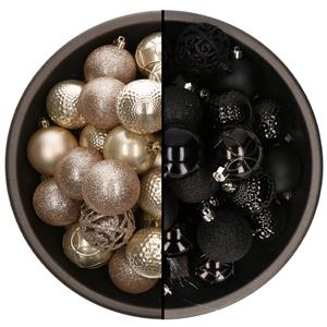 Bellatio 74x stuks kunststof kerstballen mix van champagne en zwart 6 cm -