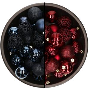 Bellatio 74x stuks kunststof kerstballen mix van donkerblauw en donkerrood 6 cm -