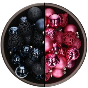 Bellatio 74x stuks kunststof kerstballen mix van donkerblauw en fuchsia roze 6 cm -