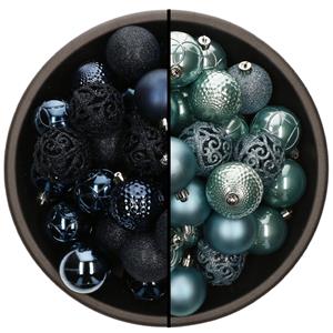 Bellatio 74x stuks kunststof kerstballen mix van donkerblauw en ijsblauw 6 cm -