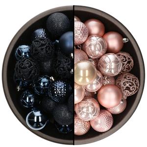 Bellatio 74x stuks kunststof kerstballen mix van donkerblauw en lichtroze 6 cm -