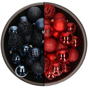 Bellatio 74x stuks kunststof kerstballen mix van donkerblauw en rood 6 cm -