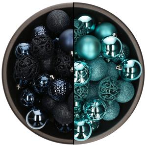 Bellatio 74x stuks kunststof kerstballen mix van donkerblauw en turquoise blauw 6 cm -
