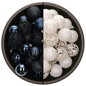 Bellatio 74x stuks kunststof kerstballen mix van donkerblauw en wit 6 cm -