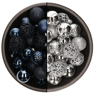 Bellatio 74x stuks kunststof kerstballen mix van donkerblauw en zilver 6 cm -