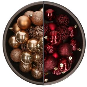 Bellatio 74x stuks kunststof kerstballen mix van donkerrood en camel bruin 6 cm -