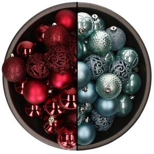 Bellatio 74x stuks kunststof kerstballen mix van donkerrood en ijsblauw 6 cm -