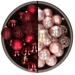 Bellatio 74x stuks kunststof kerstballen mix van donkerrood en lichtroze 6 cm -