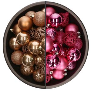 Bellatio 74x stuks kunststof kerstballen mix van fuchsia roze en camel bruin 6 cm -