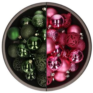 Bellatio 74x stuks kunststof kerstballen mix van fuchsia roze en donkergroen 6 cm -