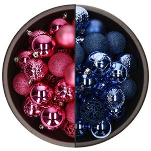 Bellatio 74x stuks kunststof kerstballen mix van fuchsia roze en kobalt blauw 6 cm -