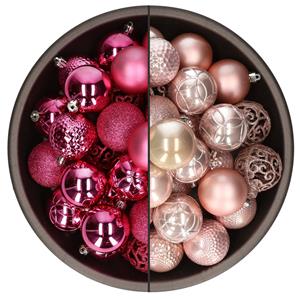 Bellatio 74x stuks kunststof kerstballen mix van fuchsia roze en lichtroze 6 cm -