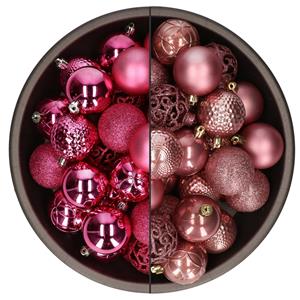 Bellatio 74x stuks kunststof kerstballen mix van fuchsia roze en oudroze 6 cm -