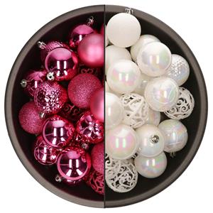 Bellatio 74x stuks kunststof kerstballen mix van fuchsia roze en parelmoer wit 6 cm -