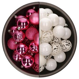 Bellatio 74x stuks kunststof kerstballen mix van fuchsia roze en wit 6 cm -