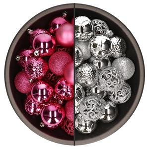 Bellatio 74x stuks kunststof kerstballen mix van fuchsia roze en zilver 6 cm -