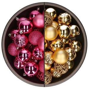 Bellatio 74x stuks kunststof kerstballen mix van goud en fuchsia roze 6 cm -