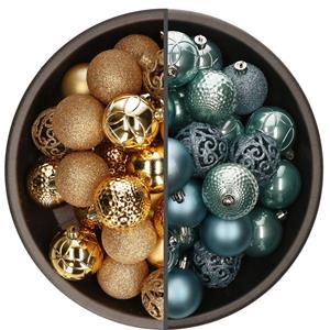 Bellatio 74x stuks kunststof kerstballen mix van goud en ijsblauw 6 cm -