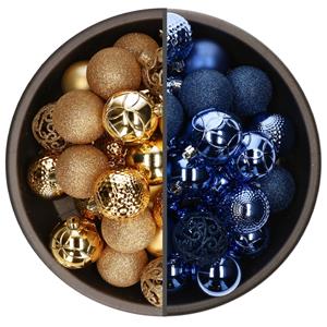 Bellatio 74x stuks kunststof kerstballen mix van goud en kobalt blauw 6 cm -