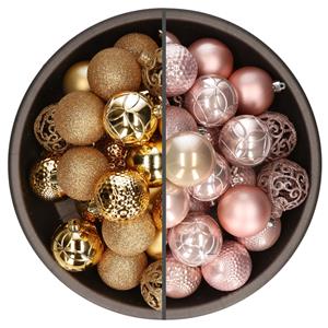 Bellatio 74x stuks kunststof kerstballen mix van goud en lichtroze 6 cm -