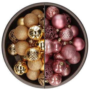 Bellatio 74x stuks kunststof kerstballen mix van goud en oudroze 6 cm -