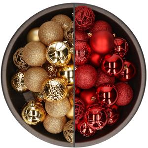 Bellatio 74x stuks kunststof kerstballen mix van goud en rood 6 cm -