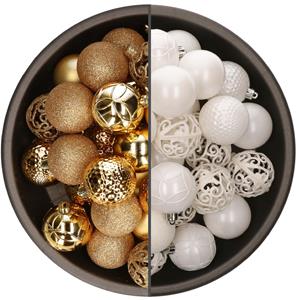 Bellatio 74x stuks kunststof kerstballen mix van goud en wit 6 cm -