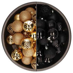 Bellatio 74x stuks kunststof kerstballen mix van goud en zwart 6 cm -