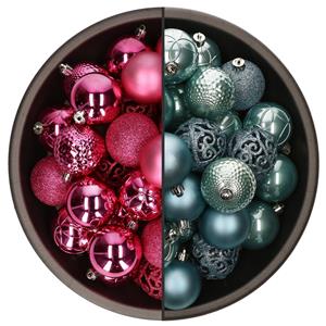 Bellatio 74x stuks kunststof kerstballen mix van ijsblauw en fuchsia roze 6 cm -