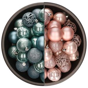 Bellatio 74x stuks kunststof kerstballen mix van ijsblauw en lichtroze 6 cm -