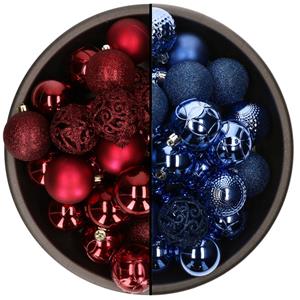 Bellatio 74x stuks kunststof kerstballen mix van kobalt blauw en donkerrood 6 cm -