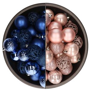 Bellatio 74x stuks kunststof kerstballen mix van kobalt blauw en lichtroze 6 cm -