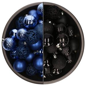 Bellatio 74x stuks kunststof kerstballen mix van kobalt blauw en zwart 6 cm -