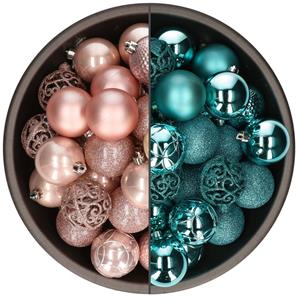 Bellatio 74x stuks kunststof kerstballen mix van lichtroze en turquoise blauw 6 cm -