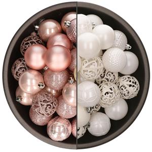 Bellatio 74x stuks kunststof kerstballen mix van lichtroze en wit 6 cm -