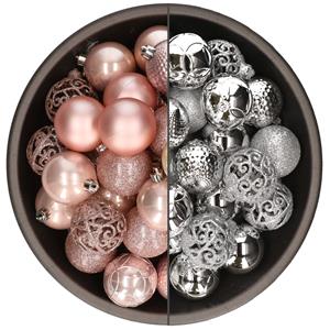Bellatio 74x stuks kunststof kerstballen mix van lichtroze en zilver 6 cm -