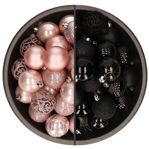 Bellatio 74x stuks kunststof kerstballen mix van lichtroze en zwart 6 cm -