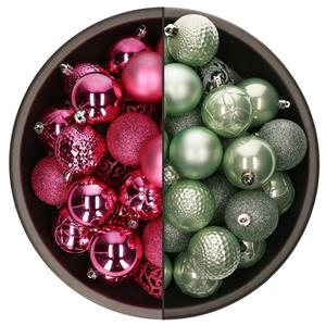 Bellatio 74x stuks kunststof kerstballen mix van mintgroen en fuchsia roze 6 cm -